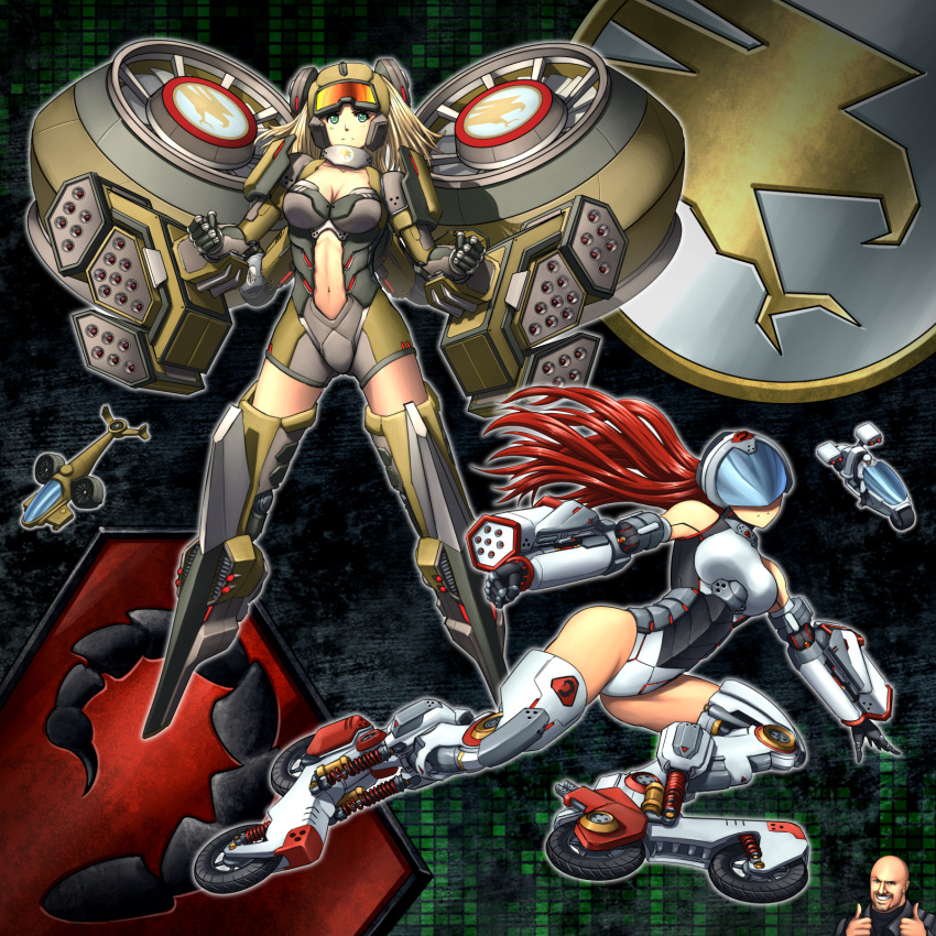 1boy 2girls aqua_eyes arm_mounted_weapon bare_shoulders blonde_hair breasts clenched_hands command_and_conquer commentary covered_eyes creature_and_personification cyborg english_commentary facing_viewer goggles goggles_on_head highres inline_skates long_hair looking_at_viewer mecha_musume mechanical_arms mechanical_legs medium_breasts missile_pod multiple_girls personification red_hair roller_skates skates substance20