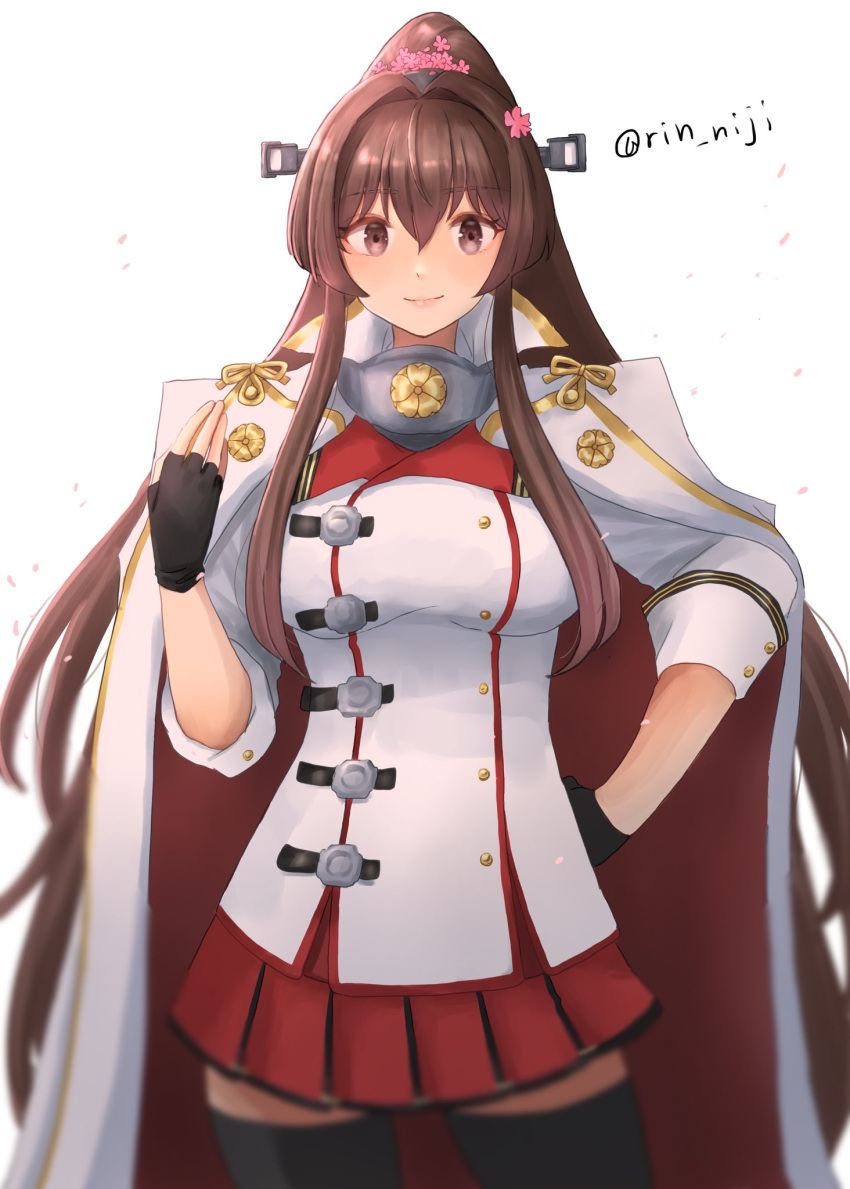 1girl adapted_costume black_thighhighs breasts brown_eyes brown_hair capelet cherry_blossoms cosplay fingerless_gloves flower gloves hair_between_eyes hair_flower hair_ornament headgear highres kantai_collection large_breasts long_hair looking_at_viewer miniskirt musashi_(kancolle) musashi_(kancolle)_(cosplay) ponytail rin_(rin_niji) sakuramon simple_background skirt solo thighhighs twitter_username white_background yamato_(kancolle)