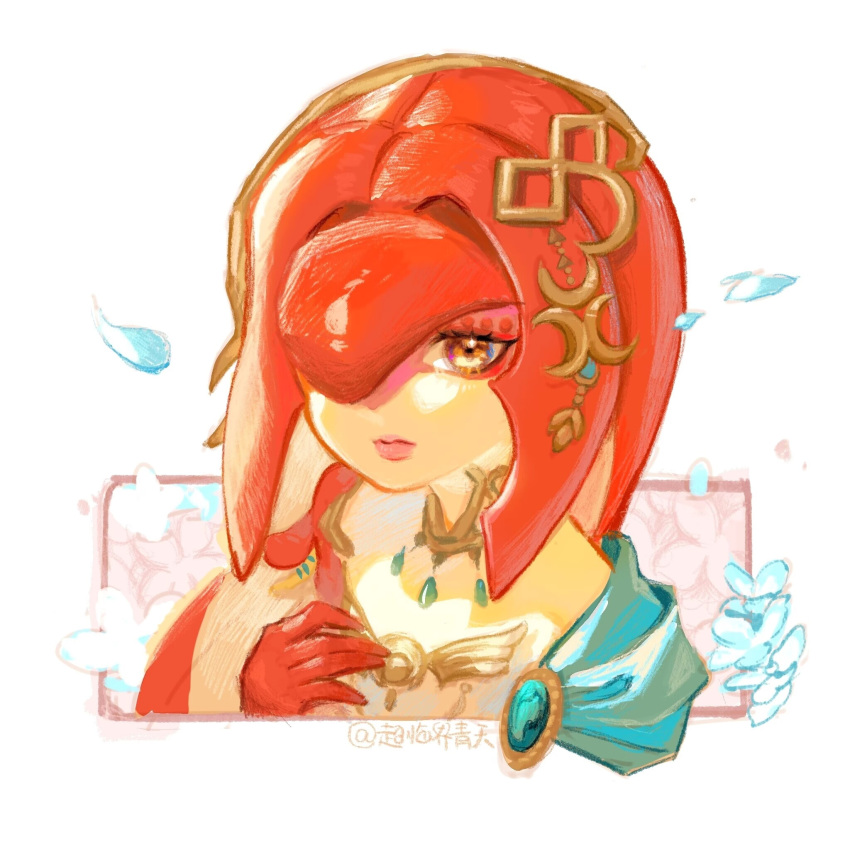 1girl camille-sky closed_mouth colored_skin commentary_request fins fish_girl flower hair_ornament hand_up highres jewelry long_hair looking_at_viewer mipha monster_girl multicolored_skin no_eyebrows petals pointy_ears red_hair red_skin smile solo the_legend_of_zelda the_legend_of_zelda:_breath_of_the_wild two-tone_skin white_background yellow_eyes zora