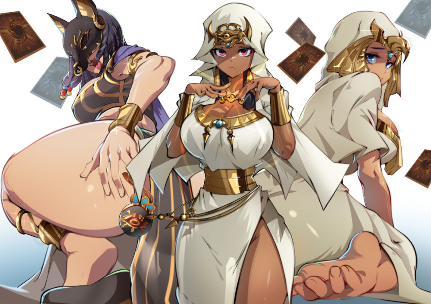 3girls animahakim ass barefoot bent_over black_footwear black_mask blue_eyes bracelet breasts dark-skinned_female dark_skin dress duel_monster egypt egyptian egyptian_clothes gold_bracelet gravekeeper's_spiritualist headgear ishizu_ishtar jewelry large_breasts looking_at_viewer mask mask_on_head millennium_necklace multiple_girls open_mouth red_eyes side_slit tan thick_thighs thighs trading_card white_background white_dress yu-gi-oh!