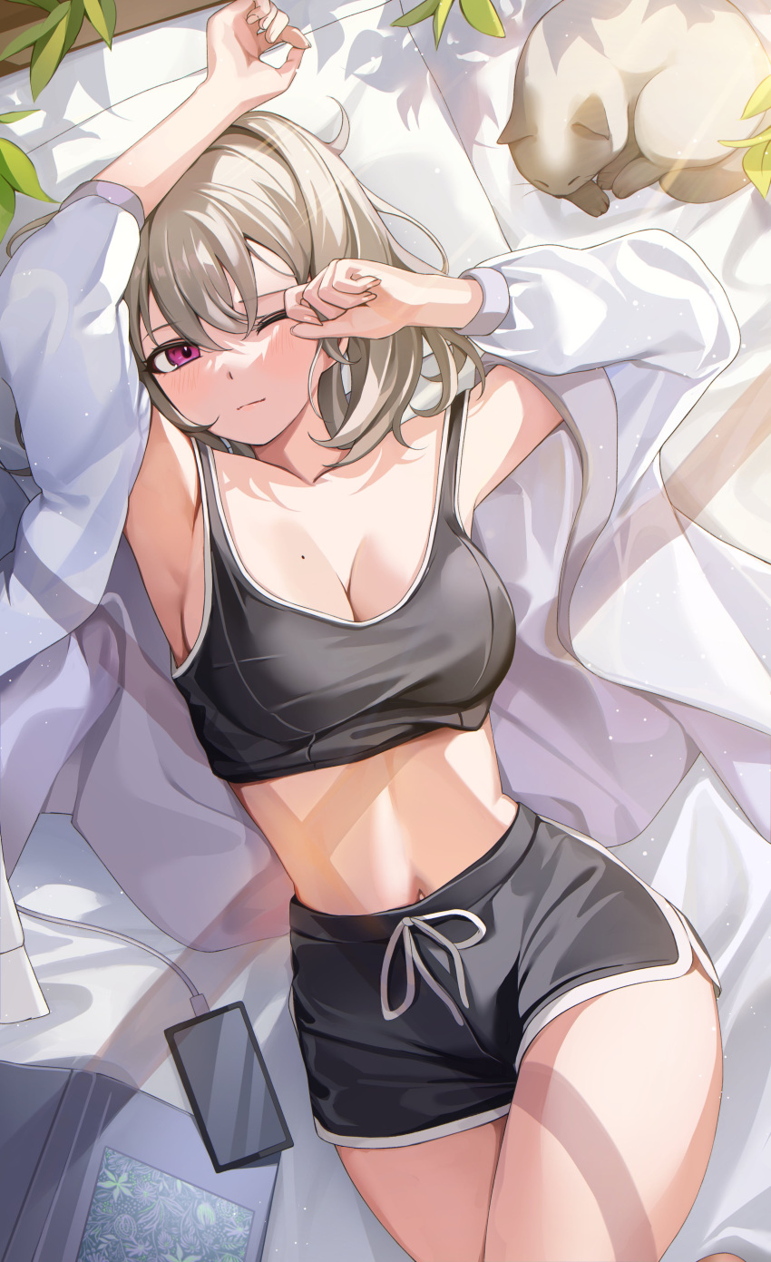 1girl absurdres animal armpits arms_up bangs bare_shoulders bed_sheet black_shorts black_tank_top book breasts brown_hair cat cellphone charging_device cleavage closed_mouth commentary_request crop_top day dolphin_shorts drawstring from_above head_on_pillow highres large_breasts light_smile long_sleeves looking_at_viewer lying mole mole_on_breast navel on_back one_eye_closed open_clothes open_shirt original phone pink_eyes pomeo_dayo rubbing_eyes shadow shirt short_hair short_shorts shorts sideboob sidelighting sleepwear smartphone solo stomach stretching sunlight tank_top thighs waking_up white_shirt
