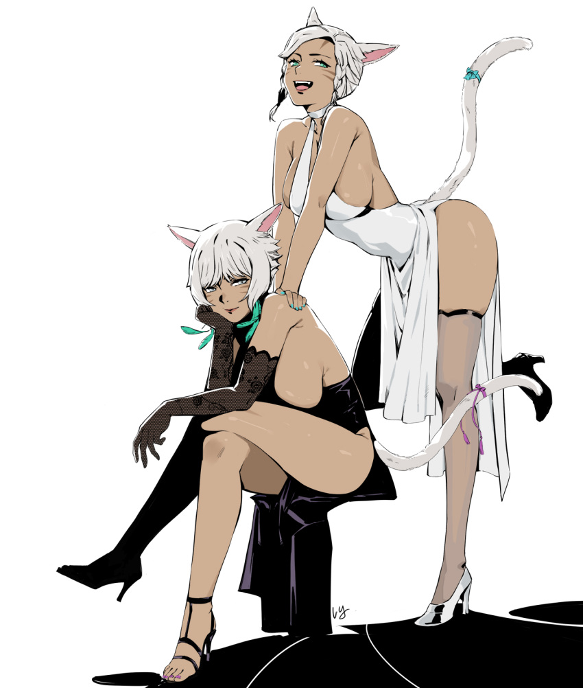 2girls animal_ears bangs black_dress black_gloves blue_eyes breasts cat_ears cat_tail choker club3 dark-skinned_female dark_skin dress elbow_gloves facial_mark feather_hair_ornament feathers final_fantasy final_fantasy_xiv gloves grey_eyes hair_ornament head_rest high_heels highres invisible_chair large_breasts leaning_on_person looking_at_viewer miqo'te multiple_girls open_mouth ribbon short_hair siblings simple_background sisters sitting tail tail_ornament tail_ribbon thighhighs whisker_markings white_choker white_dress white_hair y'mhitra_rhul y'shtola_rhul