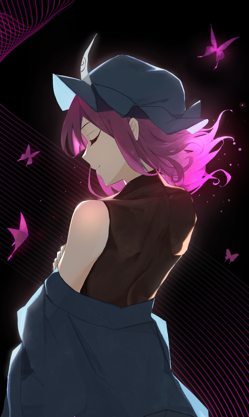 1girl absurdres back bangs bare_shoulders black_background black_shirt blue_dress blue_headwear bug butterfly butterfly_wings closed_eyes closed_mouth dress flying hair_between_eyes hand_up hat highres long_sleeves mob_cap open_clothes open_dress palulap pink_butterfly pink_hair saigyouji_yuyuko shirt short_hair sleeveless sleeveless_shirt smile solo standing t-shirt touhou triangular_headpiece wings
