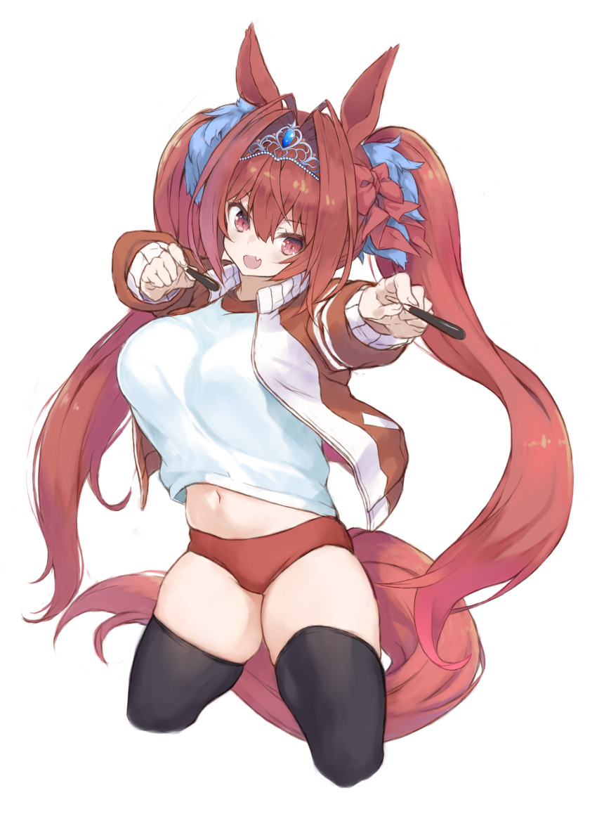 1girl absurdres animal_ears antenna_hair black_thighhighs breasts brown_hair buruma cropped_legs daiwa_scarlet_(umamusume) fang food gym_shirt gym_uniform hair_intakes highres horse_ears horse_tail jacket large_breasts long_hair midriff_peek navel open_clothes open_jacket pocky red_buruma red_eyes red_jacket ryo_(tg290) shirt simple_background solo t-shirt tail thighhighs tiara tracen_training_uniform track_jacket twintails umamusume very_long_hair white_background white_shirt