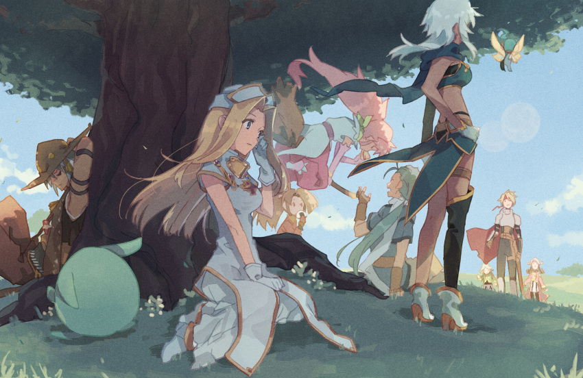 1other 4boys 5girls against_tree arche_klein armor blonde_hair blue_eyes blue_hair blue_sky bracelet broom brown_hair cape character_request chester_burklight claus_lester cress_albane dark-skinned_female dark_skin dio_(tales) dress earrings eating elbow_gloves fairy field food food_theft fujibayashi_suzu gloves grey_hair hair_intakes hand_on_hip hand_on_lap hat headband highres jewelry kururu_(tales) long_hair looking_afar mel_(tales) mint_adenade multiple_boys multiple_girls ninja nurse_cap on_grass on_ground onigiri outdoors pants pantyhose pink_hair pink_pants ponytail purple_hair red_cape rondoline_e_effenberg sandwich scarf short_hair shorts sky sleeping tales_of_(series) tales_of_phantasia tales_of_phantasia:_narikiri_dungeon_x tattoo tree tree_shade urabe_(mstchan) white_gloves white_hair wide_ponytail