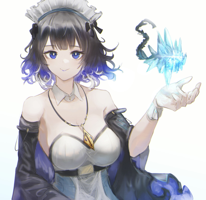 1girl aiv arknights black_hair blue_eyes blue_hair breasts cleavage commentary detached_collar detached_sleeves dress gradient_hair hand_up jewelry kjera_(arknights) kjera_(ingenious_servant)_(arknights) large_breasts long_sleeves looking_at_viewer maid maid_headdress multicolored_hair official_alternate_costume pendant simple_background smile solo strapless strapless_dress upper_body white_background white_dress