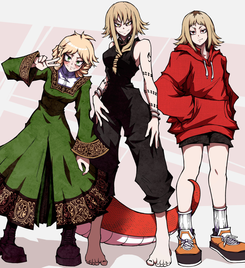 3girls :3 absurdres arm_tattoo barefoot blonde_hair blush braid breasts chainsaw_man dress elden_ring front_braid green_dress green_eyes hands_in_pockets highres hood hoodie kekel lamia long_hair looking_at_viewer looped_braids medium_breasts medium_hair medusa_gorgon monster_girl multiple_girls red_eyes red_hoodie rya_(elden_ring) sawatari_akane_(chainsaw_man) simple_background snake_tail soul_eater tail tattoo v white_background yellow_eyes