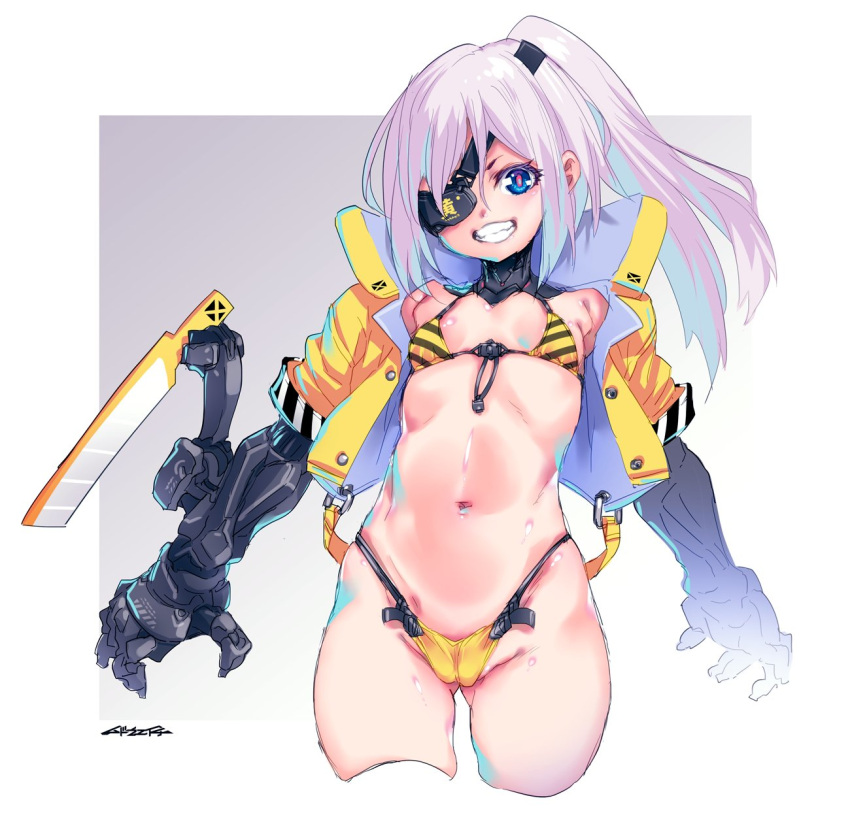 1girl bikini blue_eyes breasts commentary_request cowboy_shot cropped_jacket cropped_legs cyborg eyepatch front-tie_bikini_top front-tie_top gradient_background grey_hair grin high_ponytail highres jacket long_hair looking_at_viewer mechanical_arms mechanical_parts mudou_eichi navel open_clothes open_jacket original pink_pupils prosthesis prosthetic_arm sketch small_breasts smile solo striped striped_bikini swimsuit teeth two-tone_bikini yellow_bikini yellow_jacket