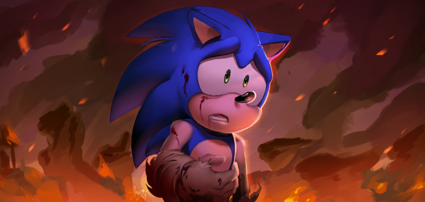 1boy animal_ears animal_nose artist_name blue_fur brown_background english_commentary fire furry furry_male gloves green_eyes grey_gloves hand_up heart hedgehog hedgehog_ears injury looking_to_the_side male_focus open_mouth shira-hedgie simple_background smoke solo sonic_(series) sonic_the_hedgehog teeth tongue