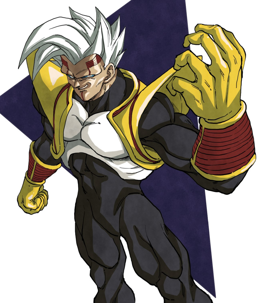 1boy baby_(dragon_ball) baby_vegeta blue_eyes covered_navel dragon_ball dragon_ball_gt evil_grin evil_smile facial_hair facial_mark gloves grin highres kouji08250 male_focus muscular muscular_male no_pupils smile solo tight white_hair yellow_gloves