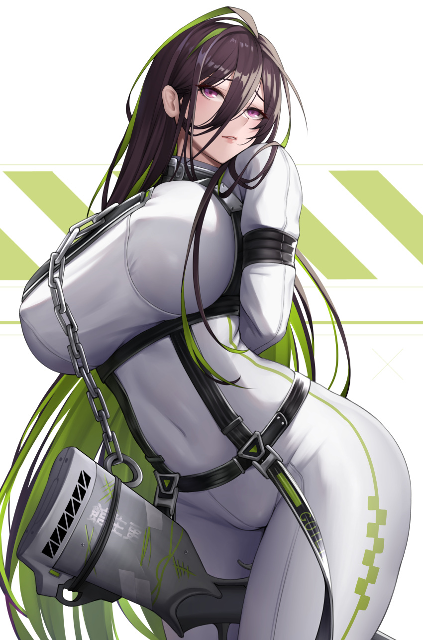 1girl absurdres arms_behind_back black_hair bodysuit bound bound_arms breasts chain contrapposto covered_navel cowboy_shot cuffs goddess_of_victory:_nikke green_hair guilty_(nikke) hair_behind_ear highres huge_breasts long_hair looking_at_viewer multicolored_hair nyatokanyaru parted_lips purple_eyes restrained shackles skin_tight solo straitjacket two-tone_hair very_long_hair white_bodysuit