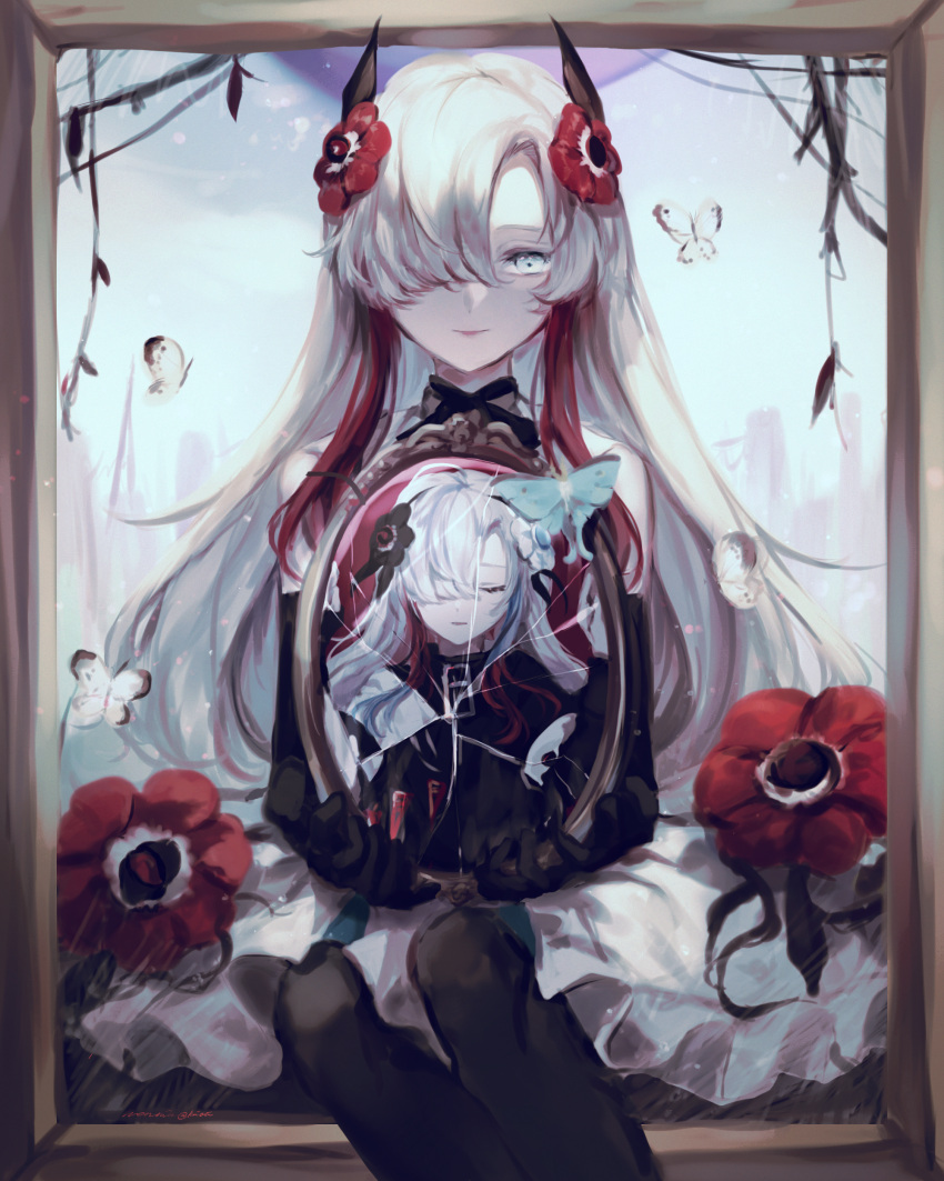1girl absurdres anemone_(flower) bare_shoulders black_coat black_gloves black_pantyhose broken_mirror bug butterfly closed_eyes coat dress elbow_gloves expressionless feet_out_of_frame flower gloves hair_ornament hair_over_one_eye highres holding holding_mirror isekai_joucho kamitsubaki_studio mirror multicolored_hair multiple_views pantyhose red_hair reflection ruoruomi sitting sketch sleeveless sleeveless_dress smile two-tone_hair virtual_youtuber white_eyes white_hair