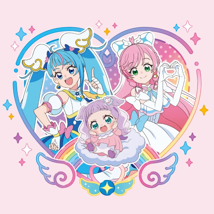 3girls ahoge aqua_eyes ascot baby blue_bow blue_eyes blue_hair bow brooch cape cure_prism cure_sky detached_sleeves dress earrings elbow_gloves ellee-chan fingerless_gloves gloves green_eyes hair_bow heart heart_hands hirogaru_sky!_precure jewelry long_hair magical_girl multiple_girls nijigaoka_mashiro official_art pink_bow pink_hair precure puffy_detached_sleeves puffy_sleeves purple_hair single_earring single_sidelock smile sora_harewataru third-party_source twintails two-sided_cape two-sided_fabric white_ascot white_bow white_dress white_gloves wing_brooch wing_hair_ornament