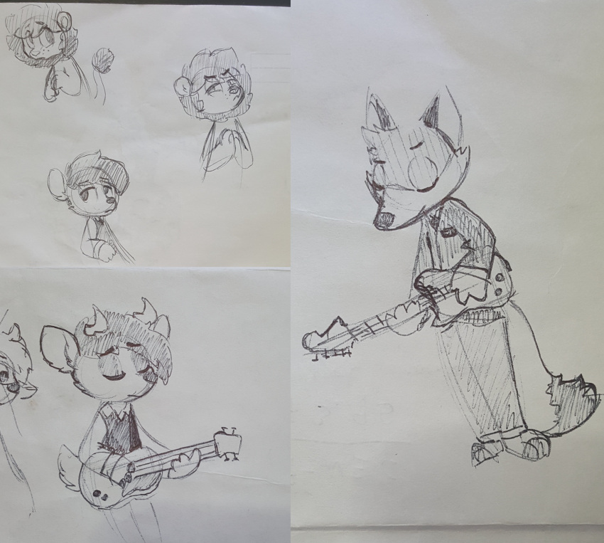 2022 absurd_res anthro antlers bass_guitar canid canine cheek_tuft clothed clothing cooper_(scratch21) deer ed_(scratch21) eyes_closed facial_tuft felid fox frown fully_clothed fur grey_background group guitar guitar_strap hair half-closed_eyes head_tuft hi_res horn lion male mammal mane matt_(scratch21) musical_instrument narrowed_eyes pantherine plucked_string_instrument red_fox sad scratch21 scut_tail short_tail simple_background sketch standing string_instrument swervealec tail tail_tuft traditional_media_(artwork) tuft worried