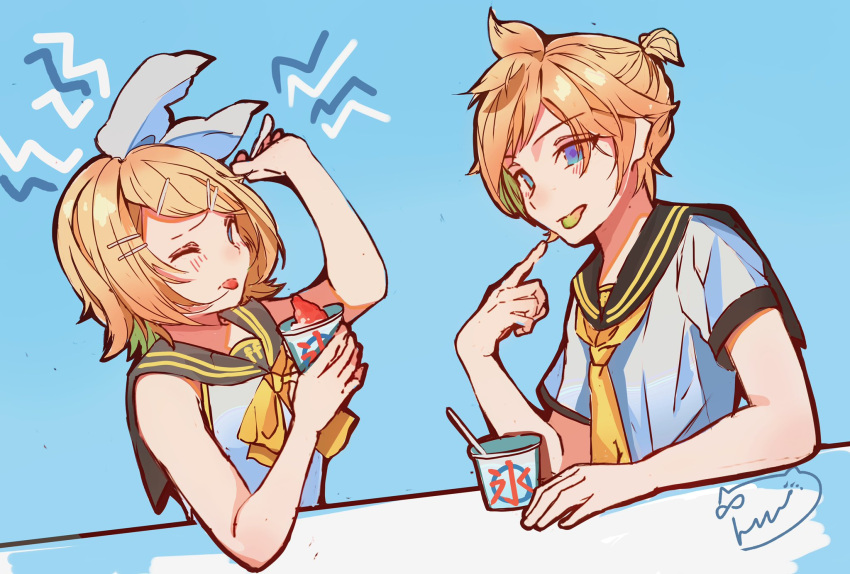 1boy 1girl ahoge bangs bare_arms bare_shoulders blonde_hair blue_eyes blush bow brain_freeze brother_and_sister colored_tongue food fortissimo hair_bow hair_ornament hairclip headache highres holding holding_spoon inuyama_(1109) kagamine_len kagamine_len_(vocaloid4) kagamine_rin kagamine_rin_(vocaloid4) necktie sailor_collar shaved_ice shirt short_ponytail short_sleeves siblings sketch sleeveless sleeveless_shirt spoon swept_bangs tongue tongue_out twins upper_body v4x vocaloid white_bow yellow_necktie