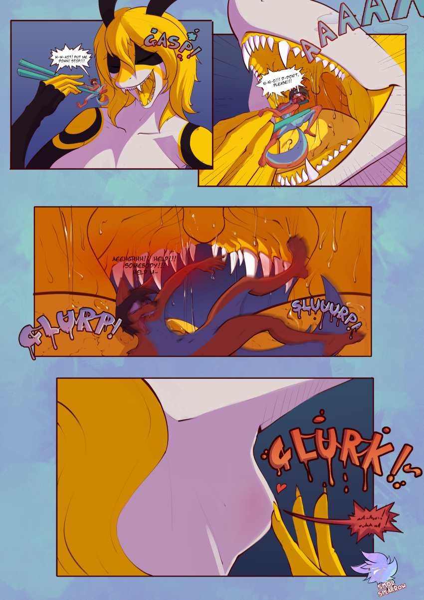 absurd_res anthro blonde_hair comic female female_pred fish hair hi_res macro male male_prey marine micro neomi_(golderoug) shark smolspearrow swallowed_alive vore