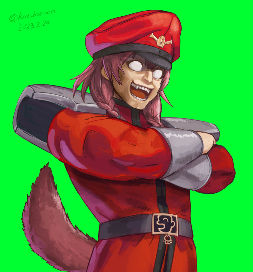 1girl brown_hair commentary_request cosplay crossed_arms dated dog_girl dog_tail fangs green_background haruyama_kazunori hat highres hololive inugami_korone long_sleeves looking_at_viewer m_bison m_bison_(cosplay) military military_uniform open_mouth peaked_cap red_headwear short_hair simple_background solo street_fighter tail teeth twitter_username uniform