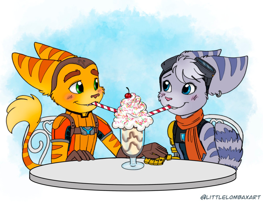 beverage blue_eyes cherry clothing cute_eyes dessert duo eyewear eyewear_on_head female food fruit fur furniture gloves goggles goggles_on_head green_eyes hand_holding handwear hi_res ice_cream littlefennecart littlelombaxart lombax love male male/female mammal milkshake plant ratchet ratchet_and_clank rivet_(ratchet_and_clank) romantic romantic_ambiance romantic_couple scarf smile sony_corporation sony_interactive_entertainment table white_body white_fur yellow_body yellow_fur