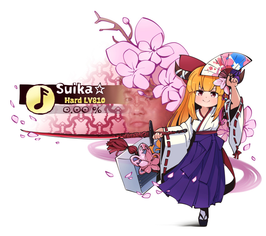 1boy 1girl absurdres air_conditioner alternate_costume bangs blunt_bangs blush brown_horns closed_mouth cookie_(touhou) deemo flat_chest gram_9 hakama hakama_skirt hand_fan highres holding holding_fan holding_sword holding_weapon horns ibuki_suika japanese_clothes kimono long_hair looking_at_viewer manatsu_no_yo_no_inmu musical_note orange_hair purple_hakama purple_skirt ribbon-trimmed_sleeves ribbon_trim sidelocks skirt smile star_(symbol) sword tabi touhou very_long_hair weapon white_background white_kimono wide_sleeves yajuu_senpai yamin_(cookie) zouri