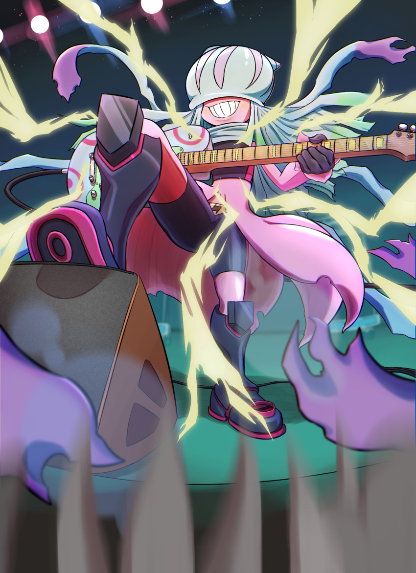 5_fingers ambiguous_gender animal_humanoid bandai_namco bandanna boots bottomwear clothing cnidarian digimon digimon_ghost_game digital_media_(artwork) fingers footwear guitar hi_res holding_object humanoid humanoid_hands jellyfish kerchief marine marine_humanoid medusozoan mekadouraku musical_instrument not_furry pink_body pink_skin plucked_string_instrument pseudo_hair shirt shorts smile solo string_instrument tentacle_hair tentacles teslajellymon topwear