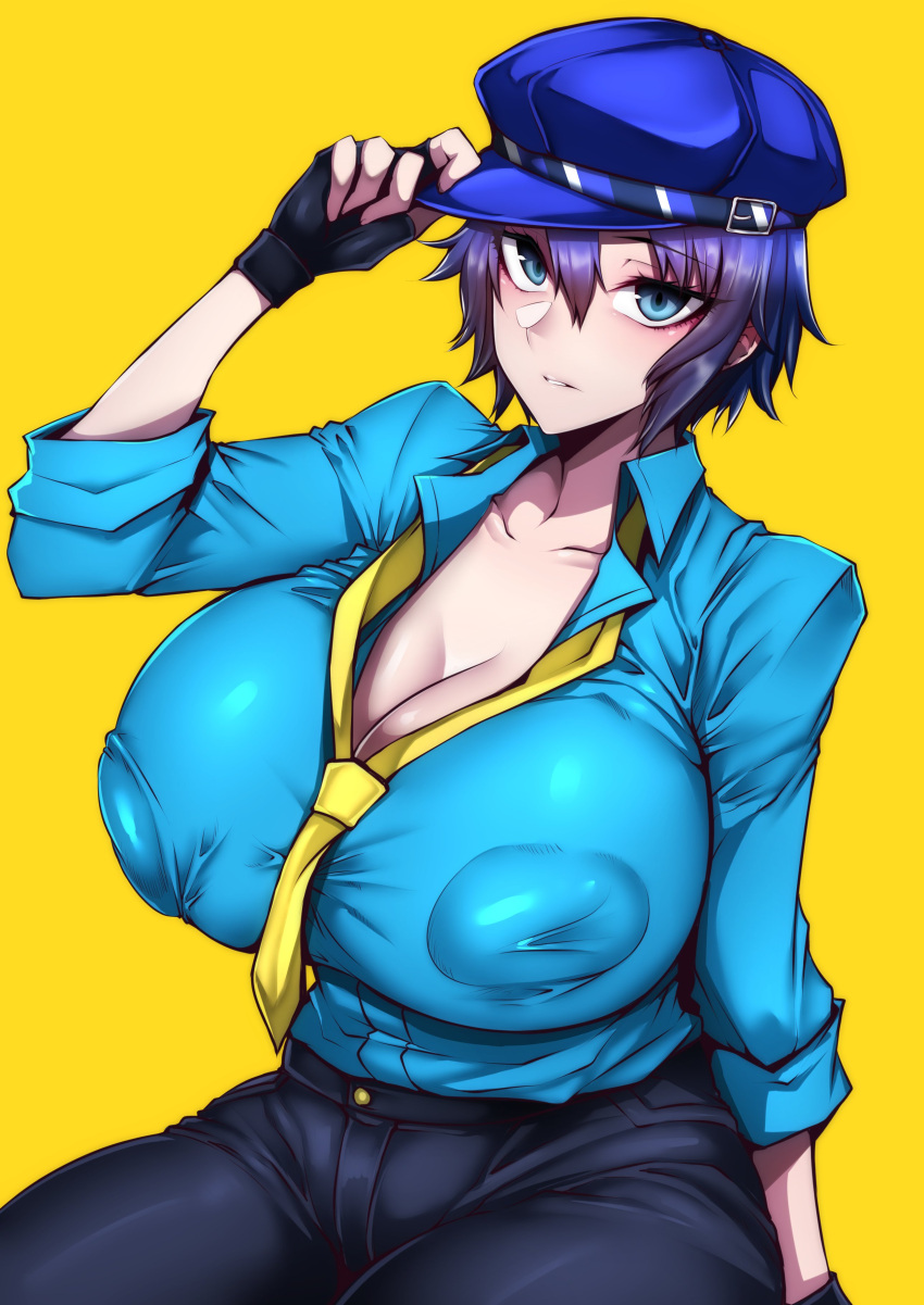 1girl absurdres blue_eyes blue_hair blue_headwear blue_shirt breasts cabbie_hat cleavage fingerless_gloves gggg gloves hat highres huge_breasts necktie persona persona_4 shirogane_naoto shirt short_hair simple_background solo yellow_background yellow_necktie