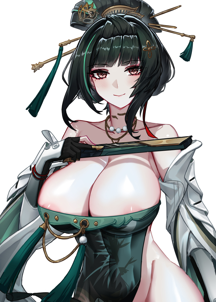 absurdres areola_slip bare_shoulders bead_necklace beads black_gloves breasts collarbone dark_green_hair detached_sleeves dress gloves green_dress hair_ornament hair_stick hand_fan hanying_(punishing:_gray_raven) highres jewelry kongbai_huanxiang large_breasts looking_at_viewer necklace nihongami paper_fan partially_fingerless_gloves punishing:_gray_raven sidelocks simple_background smile solo strapless strapless_dress thighs upper_body white_background yellow_eyes