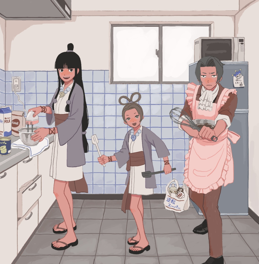 23011620x 2girls ace_attorney apron bangs black_footwear black_hair black_vest blue_badger blunt_bangs blush brown_hair closed_mouth collared_shirt cooking counter formal full_body grey_hair hair_intakes hair_ornament hair_rings half_updo hanten_(clothes) highres holding holding_spatula indoors jacket japanese_clothes jewelry kimono kitchen long_hair long_sleeves magatama magatama_necklace maya_fey microwave miles_edgeworth milk_carton mixer_(cooking) multiple_girls necklace obi open_mouth pants paper pearl_fey purple_jacket red_jacket red_pants red_suit refrigerator sash shirt shoes short_hair short_kimono sidelocks smile spatula standing suit tile_floor tile_wall tiles valentine vest white_kimono white_shirt window