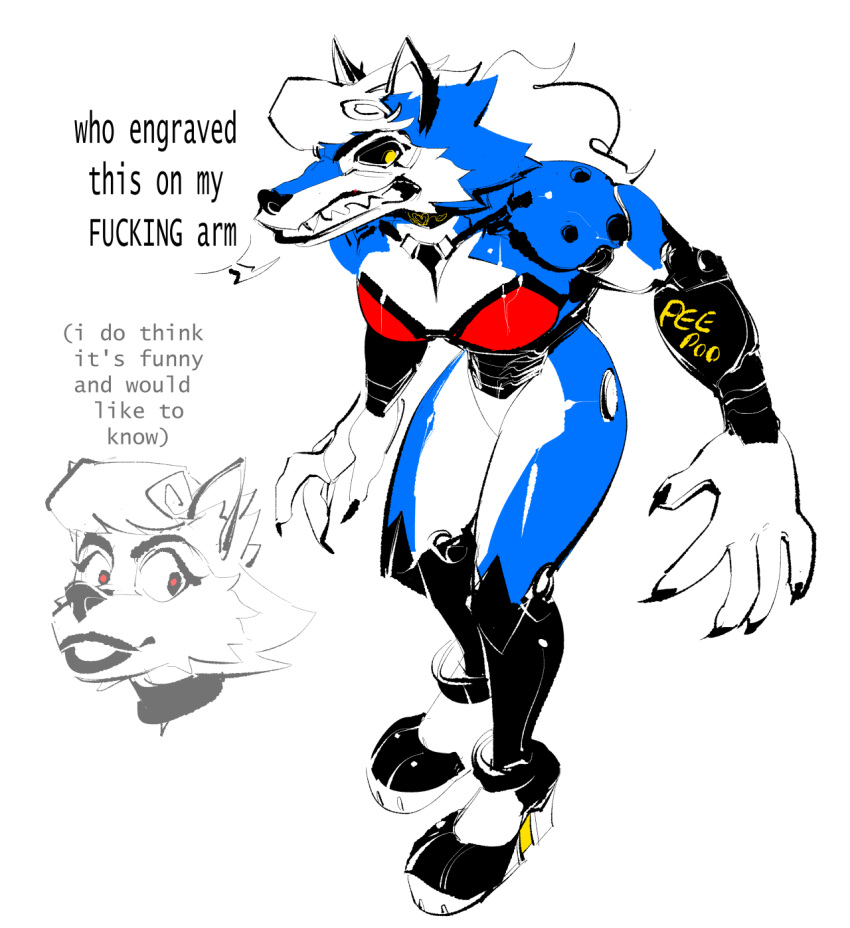 2022 android anthro black_lips black_nose blue_body blue_fur claws colored countershade_face countershade_legs countershade_thighs countershading digital_drawing_(artwork) digital_media_(artwork) english_text female fur hi_res kaita_(the-hydroxian) lips machine monotone_background profanity pupils red_pupils robot sharp_teeth simple_background solo teeth text the-hydroxian white_background white_body white_fur writing_on_arm yellow_pupils