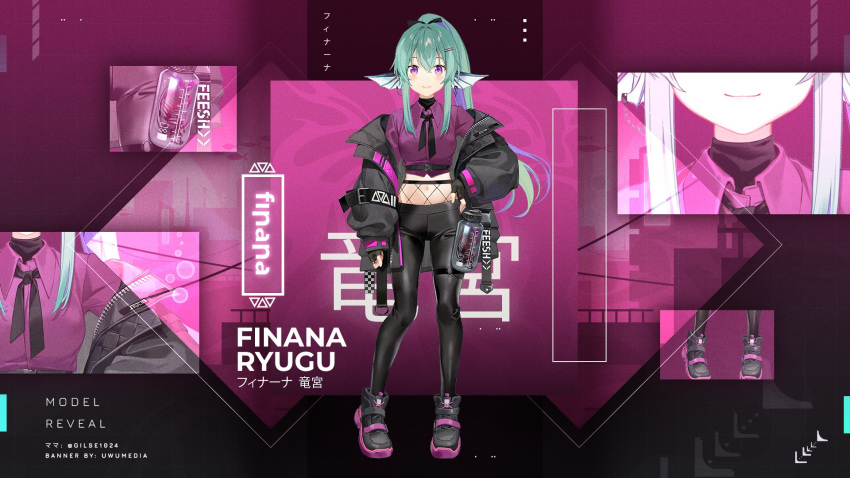 1girl artist_name belt black_belt black_footwear black_gloves black_jacket black_neckerchief black_pants blush bottle breasts character_name closed_mouth clothes_writing collared_shirt earrings english_text finana_ryugu fingerless_gloves fishnets full_body gilse gloves gradient_hair green_hair hair_ornament head_fins high-waist_pants highres jacket jewelry medium_breasts midriff multicolored_hair navel neckerchief nijisanji nijisanji_en o-ring o-ring_thigh_strap off_shoulder official_art open_clothes open_jacket pants ponytail purple_eyes purple_hair purple_shirt second-party_source shirt shoes smile sneakers solo tachi-e thigh_strap virtual_youtuber water_bottle