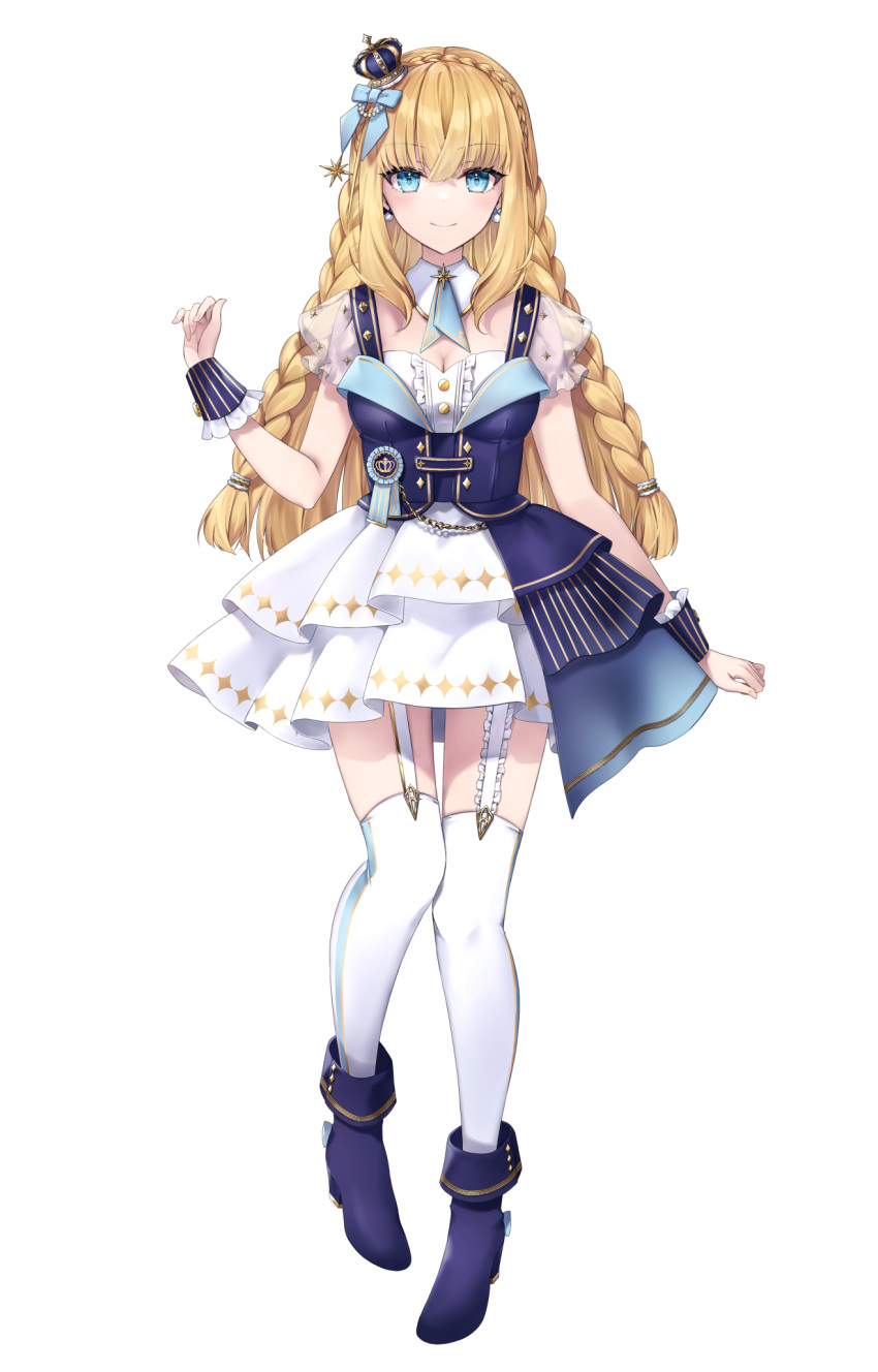 1girl ankle_boots arm_at_side blonde_hair blue_eyes blue_footwear blue_vest boots braid breasts center_frills cleavage closed_mouth crown crown_braid detached_collar earrings fold-over_boots frilled_skirt frills full_body garter_straps hane_yuki high_heel_boots high_heels highres idol isla_coleman jewelry layered_skirt legs_apart light_blush long_hair looking_at_viewer medium_breasts mini_crown miniskirt official_alternate_costume official_art pom_pom_(clothes) pom_pom_earrings production_kawaii puffy_short_sleeves puffy_sleeves see-through see-through_sleeves short_sleeves simple_background skirt smile solo standing tachi-e thigh_gap thighhighs tilted_headwear vest virtual_youtuber white_background white_garter_straps white_skirt white_thighhighs wrist_cuffs