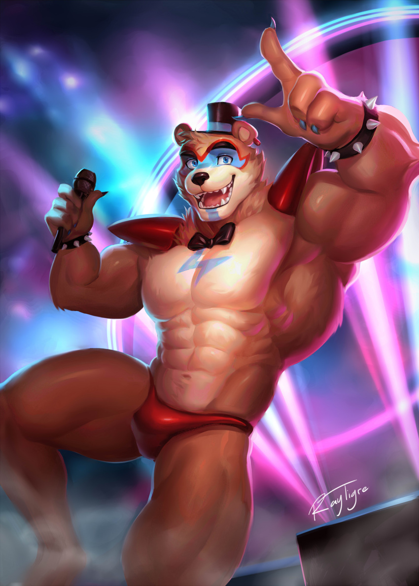 abs absurd_res anthro bear big_muscles bodypaint bow_tie bracelet brown_body brown_fur bulge clothed clothing face_paint five_nights_at_freddy's five_nights_at_freddy's:_security_breach fur glamrock_freddy_(fnaf) hat headgear headwear hi_res jewelry male mammal microphone muscular pecs performance raytig12 scottgames shirtless shoulder_pads skimpy solo spiked_bracelet spikes spotlight stage top_hat underwear underwear_only