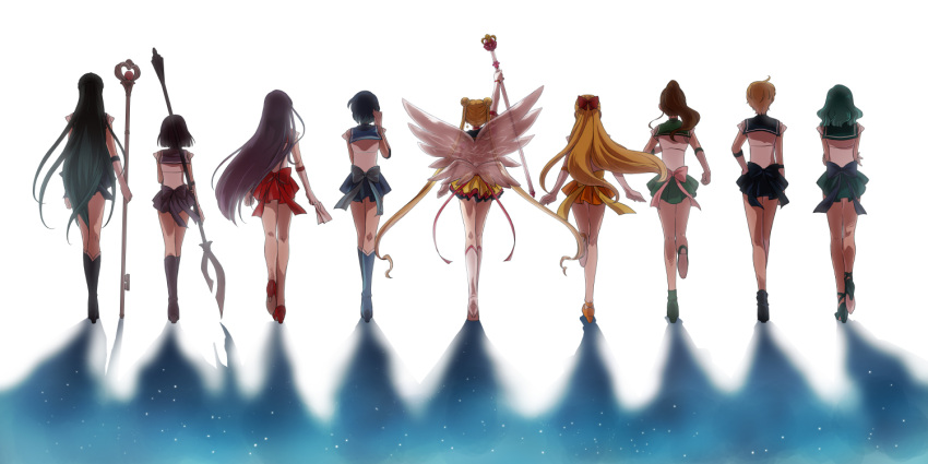 6+girls arm_up ass bishoujo_senshi_sailor_moon black_hair blonde_hair boots brown_hair character_request commentary_request from_behind full_body glaive_(polearm) gloves hat hug hug_from_behind long_hair meriru_ururu multiple_girls ponytail purple_hair sailor_mercury sailor_moon sailor_venus short_hair simple_background skirt standing ten'ou_haruka thighhighs twintails very_long_hair weapon wings