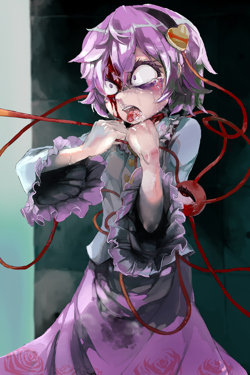 1girl absurdres asphyxiation black_hairband blood blood_on_face bruise bruise_on_face bruised_eye commentary_request commission constricted_pupils crying floral_print foaming_at_the_mouth hairband heart highres injury kombu_wa_eiyou komeiji_satori long_skirt open_mouth pee_stain peeing peeing_self purple_eyes purple_hair purple_skirt saliva short_hair skeb_commission skirt snot solo strangling streaming_tears tears third_eye tongue tongue_out touhou wet wet_clothes