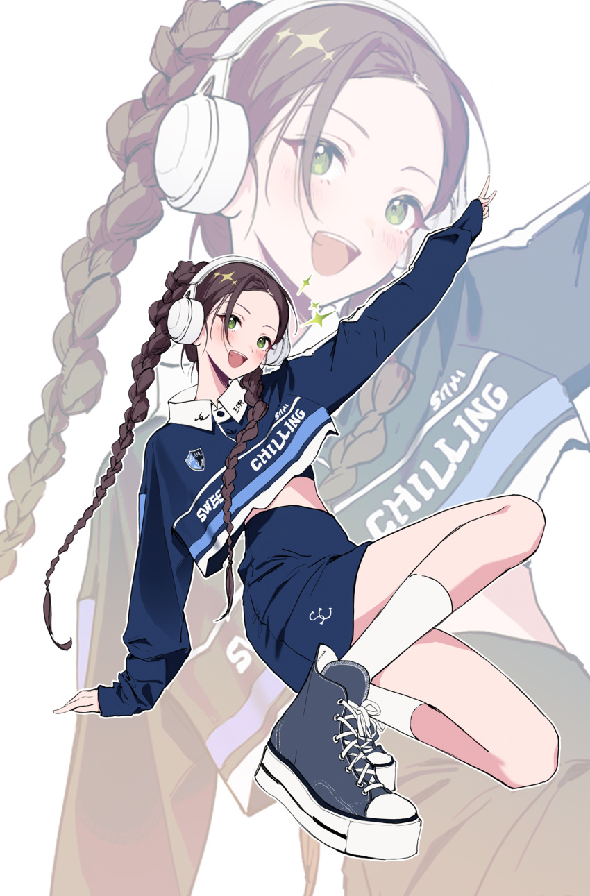 1girl :d absurdres bangs blush braid brown_hair character_request copyright_request full_body green_eyes headset highres kneehighs long_hair long_sleeves looking_at_viewer miniskirt minj_kim open_mouth shoes simple_background skirt smile socks solo swept_bangs twin_braids v