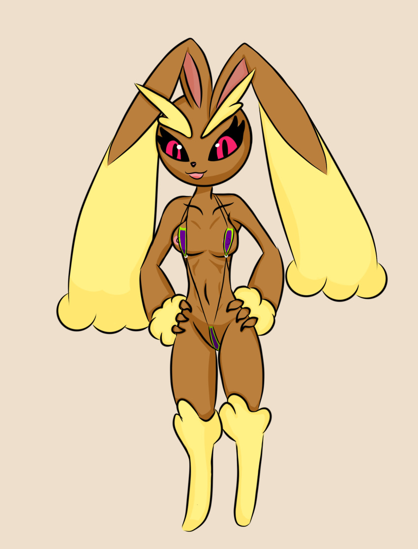 anthro bikini clothing female generation_4_pokemon hi_res humanoid lopunny micro_bikini nintendo pokemon pokemon_(species) riverxa slingshot_bikini solo swimwear