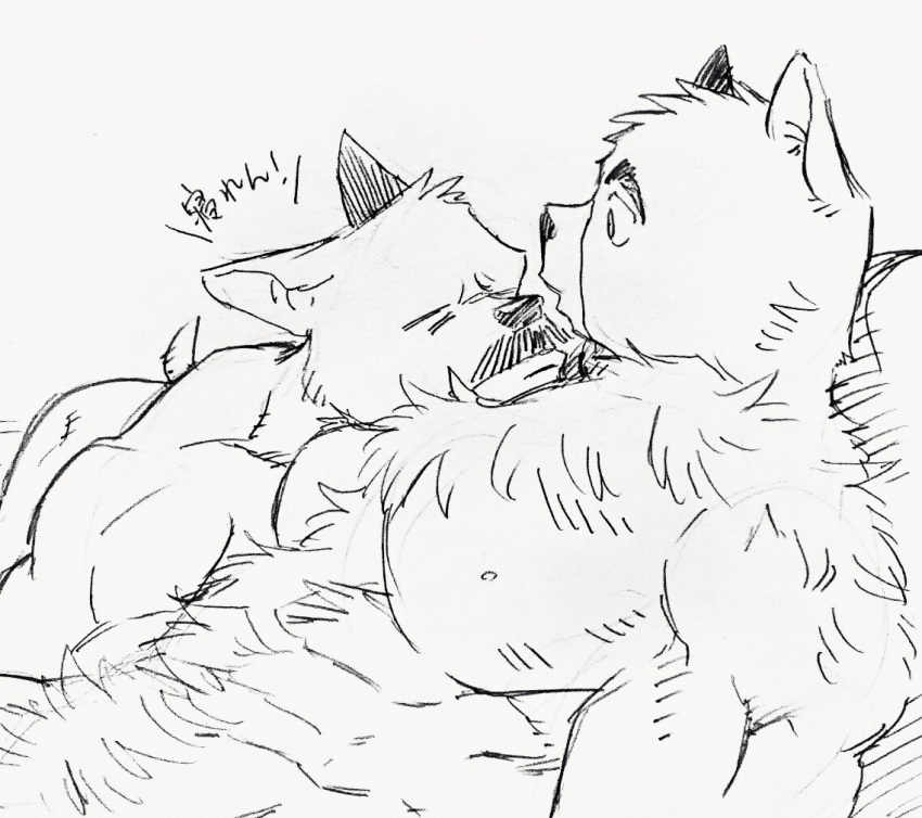 2boys abs animal_ears bara billy_russell_(dickfish) chest_hair completely_nude couple dickfish_(fishismdick) dog_boy dog_ears dog_tail facial_hair furrification furry furry_male furry_with_furry glasses hairy john_rottweil_(dickfish) large_pectorals looking_at_another male_focus male_pubic_hair mature_male multiple_boys muscular muscular_male mustache navel navel_hair nipples nude original pectoral_pillow pectorals pubic_hair scan short_hair sketch sleeping small_tail stomach tail thick_eyebrows traditional_media translation_request yaoi