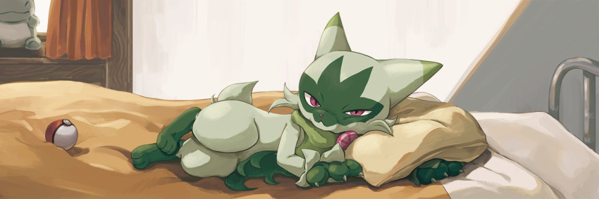 ambiguous_gender anthro bed claws floragato furniture generation_9_pokemon half-closed_eyes inside looking_at_viewer lotte_28 lying narrowed_eyes nintendo on_bed on_side pillow pokeball pokemon pokemon_(species) solo