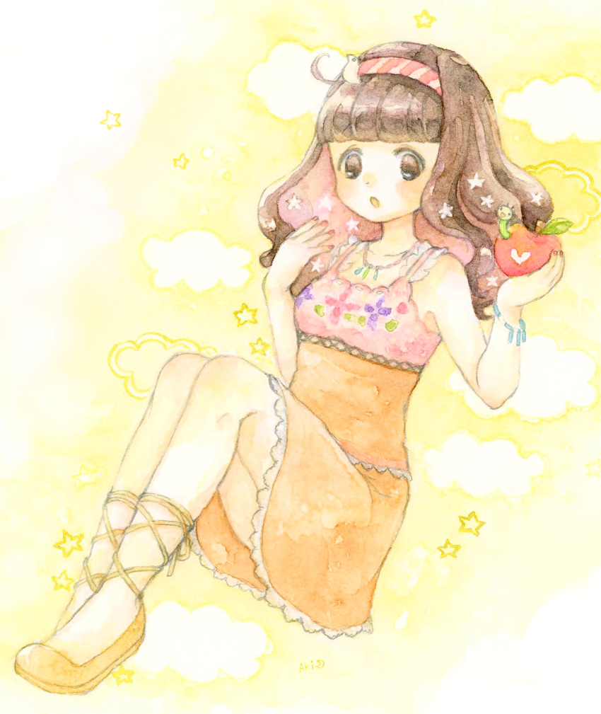 1girl apple bracelet brown_eyes brown_hair cloud dress food frilled_dress frilled_straps frills fruit hairband highres holding holding_food holding_fruit jewelry open_mouth orange_footwear painting_(medium) pop'n_music pot37 red_apple sanae-chan shoes solo star_(symbol) striped striped_hairband traditional_media watercolor_(medium) worm
