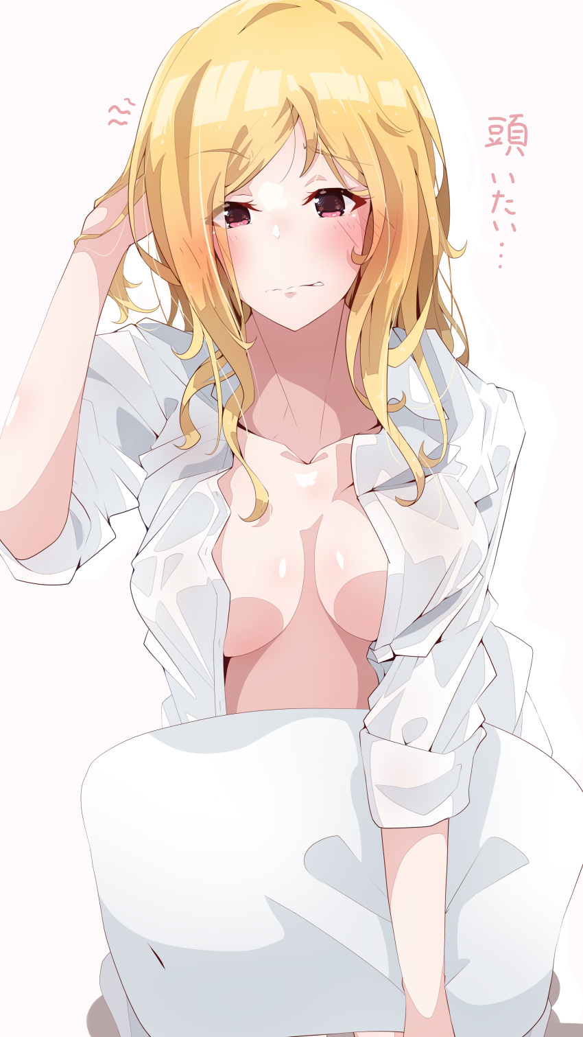1girl absurdres arm_behind_head blonde_hair blush breasts breasts_apart clark_grimms collarbone highres idolmaster idolmaster_million_live! medium_breasts momose_rio naked_shirt no_bra open_clothes open_shirt pillow red_eyes shirt sleepy sleeves_rolled_up solo
