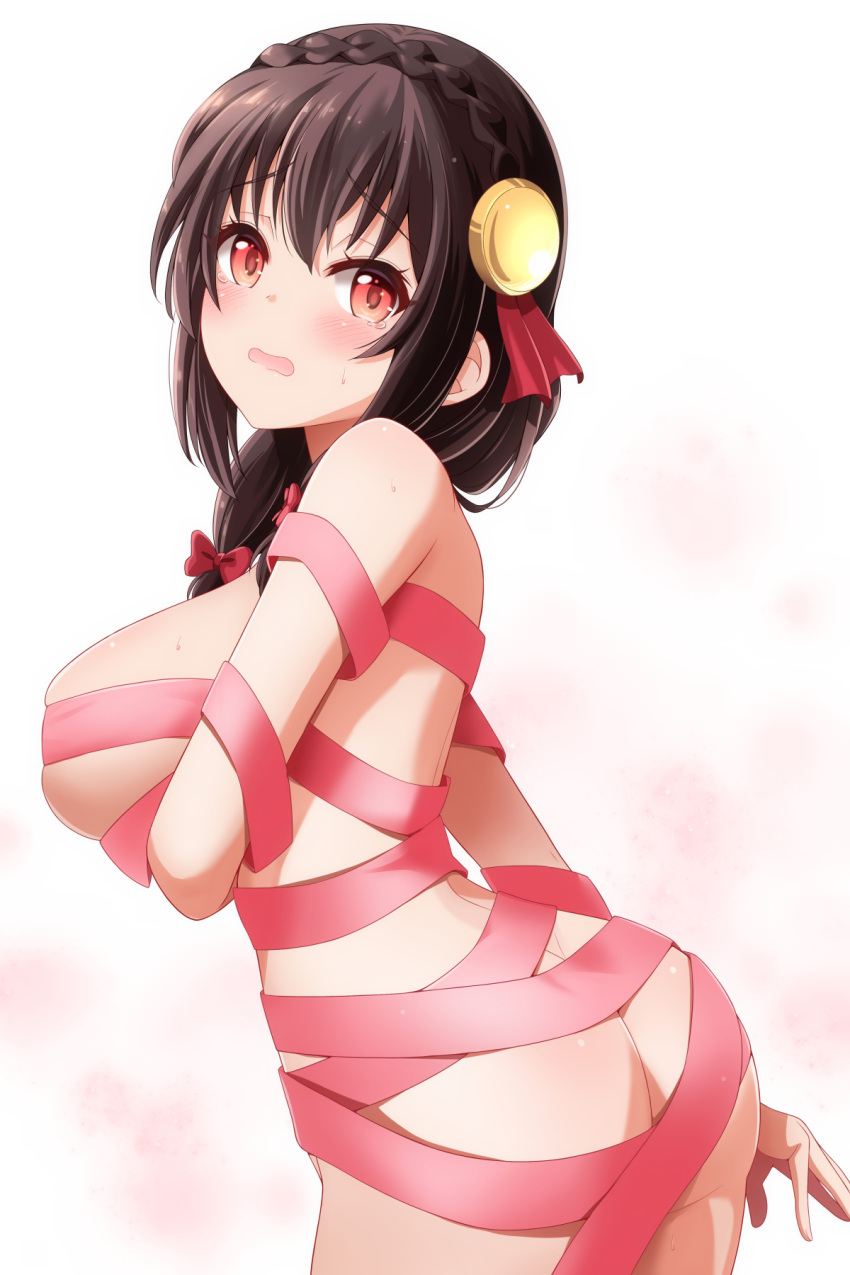 1girl ass bangs black_hair blush bow braid breasts bunny1219 crown_braid hair_bow hair_ornament highres kono_subarashii_sekai_ni_shukufuku_wo! large_breasts long_hair looking_at_viewer naked_ribbon paid_reward_available red_eyes ribbon skindentation solo sweat yunyun_(konosuba)