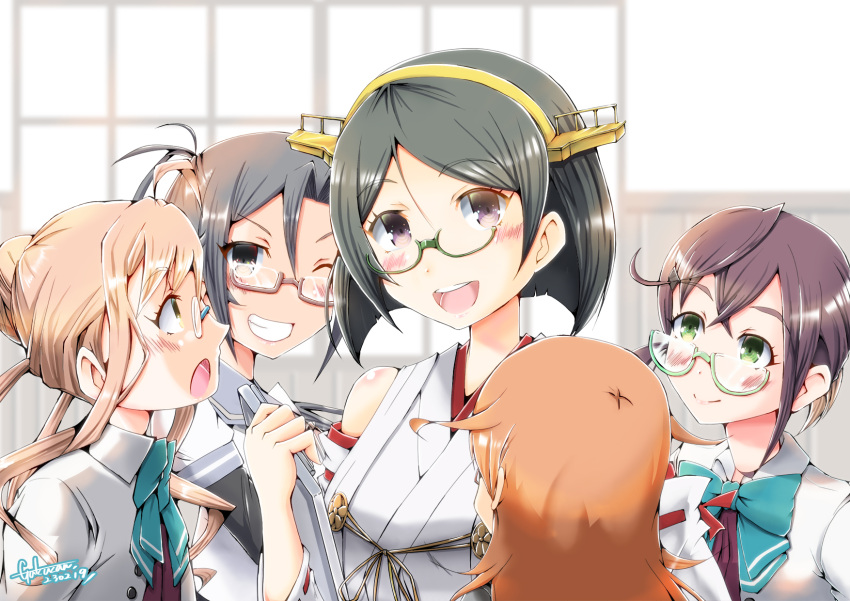 ahoge amagiri_(kancolle) aqua_bow aqua_bowtie arm_warmers asymmetrical_bangs bangs black_hair blazer blue-framed_eyewear bow bowtie clipboard commentary_request commission detached_sleeves double_bun glasses green-framed_eyewear green_eyes grey-framed_eyewear grey_eyes grey_hair grin hair_between_eyes hair_bun hairband highres jacket japanese_clothes kantai_collection kirishima_(kancolle) long_hair long_sleeves looking_at_viewer makigumo_(kancolle) makigumo_kai_ni_(kancolle) mochizuki_(kancolle) okinami_(kancolle) okinami_kai_ni_(kancolle) open_mouth pink_hair ponytail ribbon-trimmed_sleeves ribbon_trim school_uniform short_hair skeb_commission smile teeth trait_connection twintails upper_body upper_teeth_only very_long_hair yellow_eyes zangaku