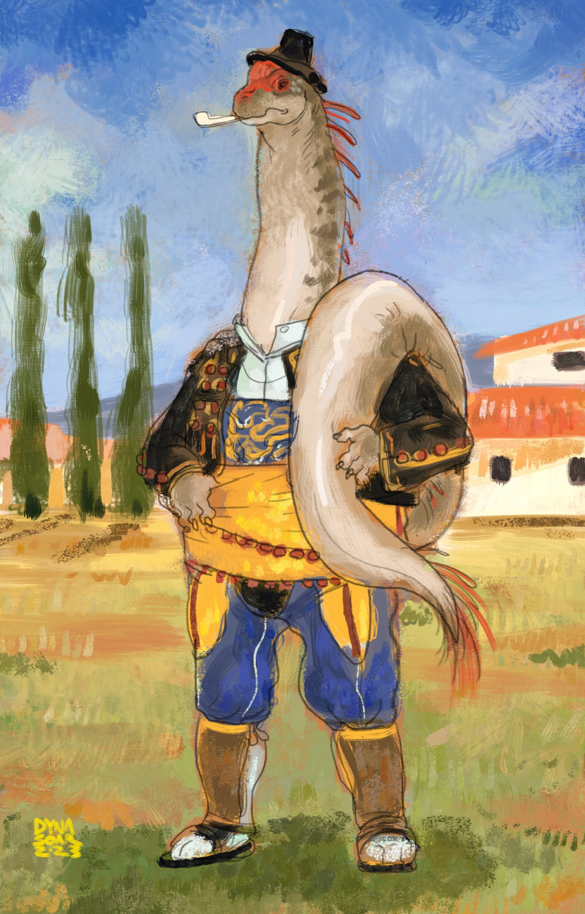 2023 absurd_res anthro black_clothing black_jacket black_topwear blue_bottomwear blue_clothing blue_pants blue_sky bottomwear brachiosaurid brachiosaurus building clothed clothing cloudscape codpiece cummerbund digital_media_(artwork) dinosaur dyna_soar expressionism field flamenco frill_(anatomy) grey_body guide_lines hand_on_tail hat headgear headwear hi_res impressionist_background jacket long_neck male markings mountain outside pants pipe plant red_frill red_markings reptile sash saurian_(disambiguation) sauropod scalie signature sketch sky solo standing tail tail_over_shoulder topwear tree white_underside yellow_sash