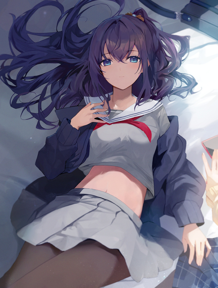 1girl absurdres asahina_mafuyu bag bed_sheet black_pantyhose blue_eyes blush closed_mouth commentary grey_shirt grey_skirt hand_on_own_chest highres jacket long_hair long_sleeves looking_at_viewer lying midriff navel on_back on_bed one_side_up open_clothes open_jacket pantyhose project_sekai purple_hair sailor_collar school_uniform serafuku shirt skirt solo tomura2maru white_sailor_collar