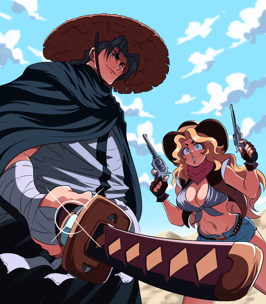 1boy 1girl absurdres ammunition_belt bandaged_arm bandages black_cloak black_eyes black_hair blonde_hair blue_eyes blue_sky breasts brown_vest cleavage cloak cloud commentary cow_girl cowboy_hat denim denim_shorts dual_wielding fingerless_gloves foreshortening from_below front-tie_top gloves gun hat highres holding holding_gun holding_weapon katana large_breasts midriff mouth_hold navel neckerchief original red_neckerchief revolver ronin sheath short_shorts shorts sky sparkle stalk_in_mouth sword tina_fate vest wavy_hair weapon