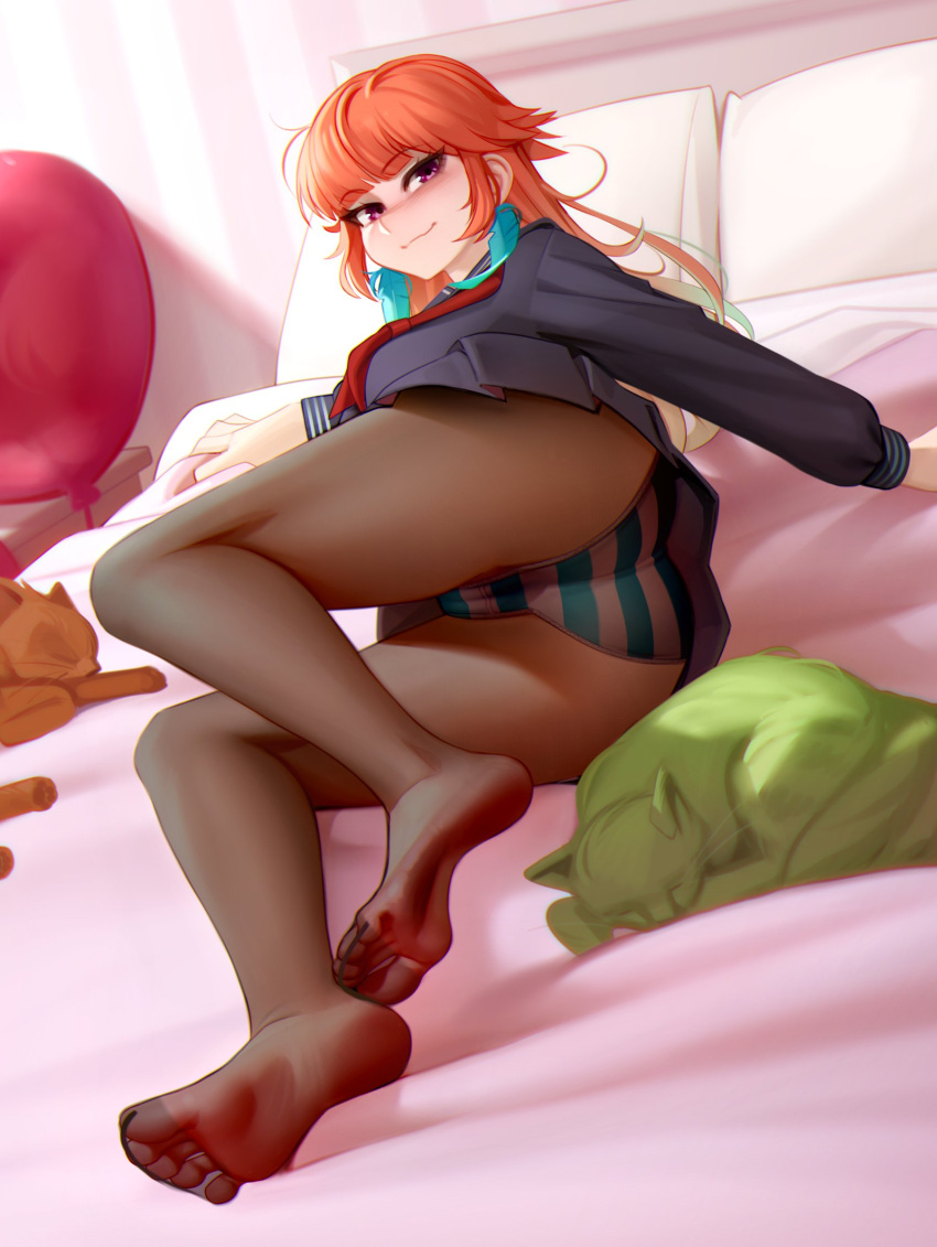1girl animal balloon bangs black_pantyhose black_skirt blunt_bangs cameltoe cat chonkers_(takanashi_kiara) closed_mouth commentary earrings feather_earrings feathers feet full_body highres hololive hololive_english jewelry kairunoburogu long_hair looking_at_viewer lying no_shoes on_bed on_side orange_hair panties panties_under_pantyhose pantyhose pillow pink_eyes pleated_skirt purple_eyes skirt smile smoothie_(takanashi_kiara) soles solo striped striped_panties takanashi_kiara toe_seam toes underwear virtual_youtuber