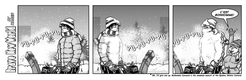 anthro brave_new_world_(style_wager) city city_background comic cricetid english_text female french_text gisel_geller human lemming male mammal outside rodent scarf snow style_wager text winter_clothing