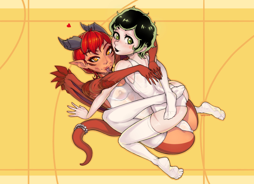 &lt;3 2020 accessory all_fours animal_humanoid badplace black_lips blush breasts butt clothed clothing dragon dragon_humanoid duo eimirja_(soapydraws) embrace female female/female female_on_bottom female_on_top folded furgonomics genitals green_hair hair heart_catchlight hi_res high-angle_view horn human human_on_humanoid humanoid humanoid_pointy_ears interspecies leg_wrap legwear leotard light_body light_skin lips looking_at_viewer looking_up lying mammal membrane_(anatomy) membranous_wings nipples oca_(character) on_back on_bottom on_top orange_eyes plantigrade pupils pussy red_hair simple_background slit_pupils small_breasts smile straddling tail tail_accessory tailband thigh_highs tongue tongue_out translucent translucent_clothing translucent_leotard white_clothing white_legwear white_leotard white_thigh_highs wings yellow_background