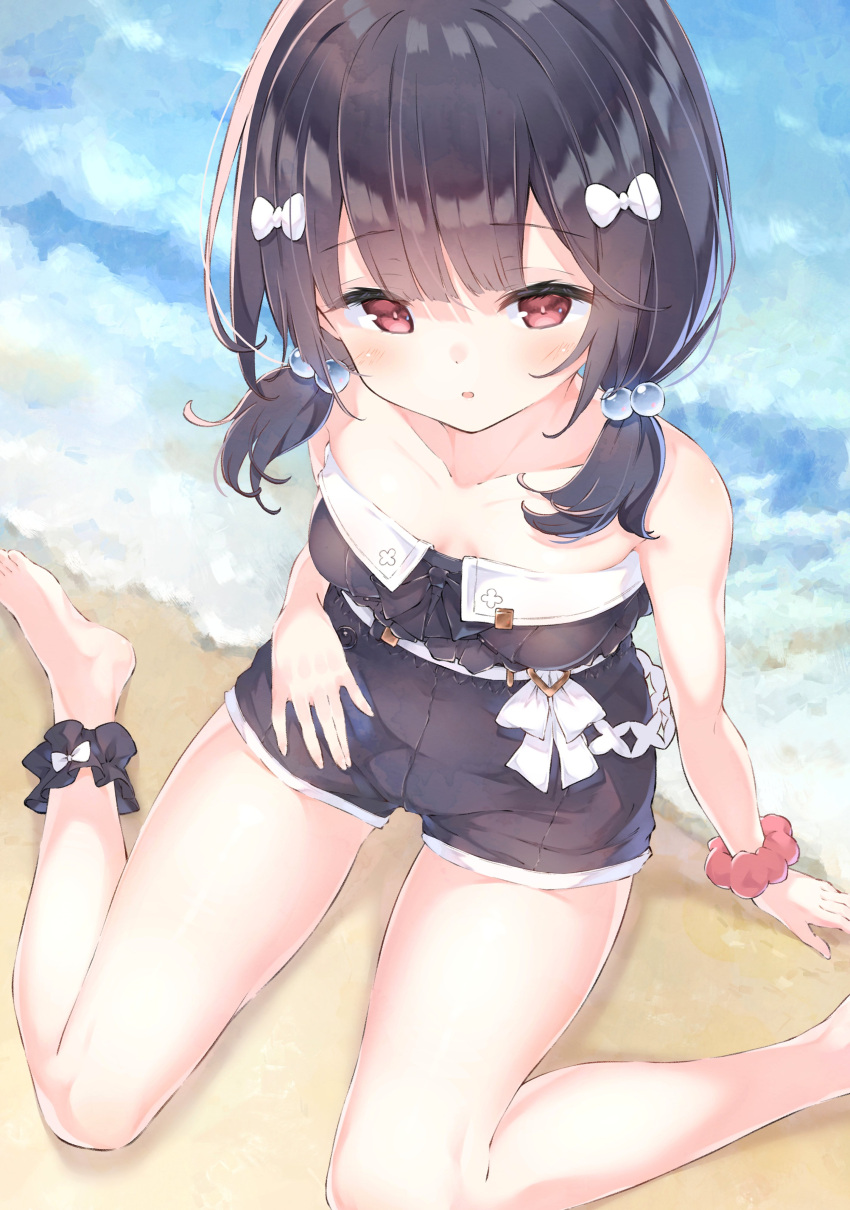 1girl absurdres ankle_scrunchie arm_support bangs bare_arms bare_legs bare_shoulders barefoot beach beads bikini black_bikini black_hair blush bow breasts commentary day facing_up from_above granblue_fantasy hair_beads hair_bobbles hair_ornament highres looking_at_viewer looking_up low_twintails ocean open_mouth outdoors red_eyes sand scrunchie shore short_hair short_twintails sitting small_breasts solo swimsuit twintails ukiwakisen vikala_(granblue_fantasy) wariza water wrist_scrunchie