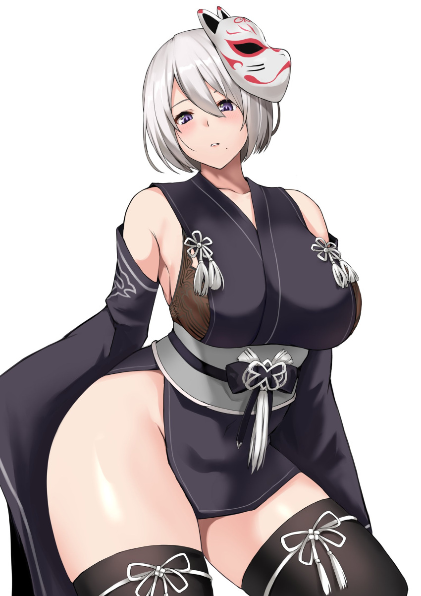 1girl bare_shoulders black_thighhighs breasts collarbone commentary_request cowboy_shot detached_sleeves fox_mask grey_hair hair_between_eyes highres japanese_clothes kimono large_breasts looking_at_viewer mask mole mole_under_mouth nier:automata nier_(series) obi official_alternate_costume parted_lips purple_eyes sash short_hair simple_background sleeveless sleeveless_kimono solo thighhighs thighs white_background yashichii yorha_no._2_type_b