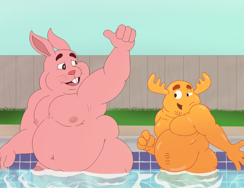 absurd_res anthro belly butt cartoon_network duo erection hi_res lagomorph leporid male male/male mammal moobs nipples nude overweight overweight_male patrick_fitzgerald pink_body pondart_studios rabbit richard_watterson the_amazing_world_of_gumball
